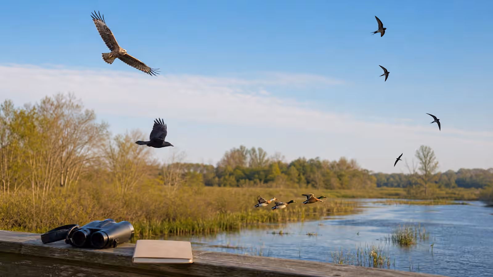 Different birds in flight over a wetland and woodland edge with binoculars and a blank notebook on a viewing platform.