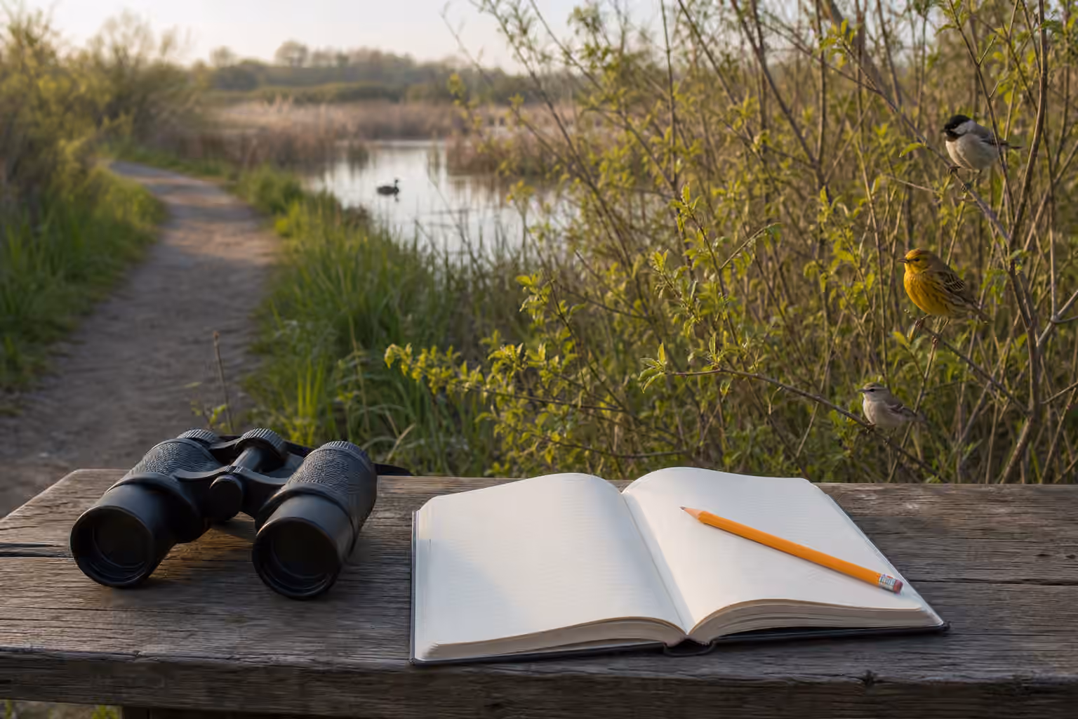 Binoculars, a pencil, and an open blank notebook on a wetland bench with small birds in nearby shrubs.