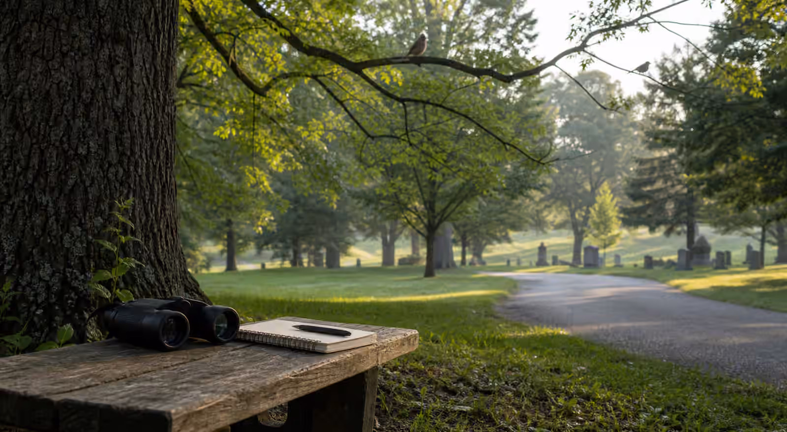 Binoculars and a blank notebook on a bench beneath mature cemetery trees beside a quiet curving path.