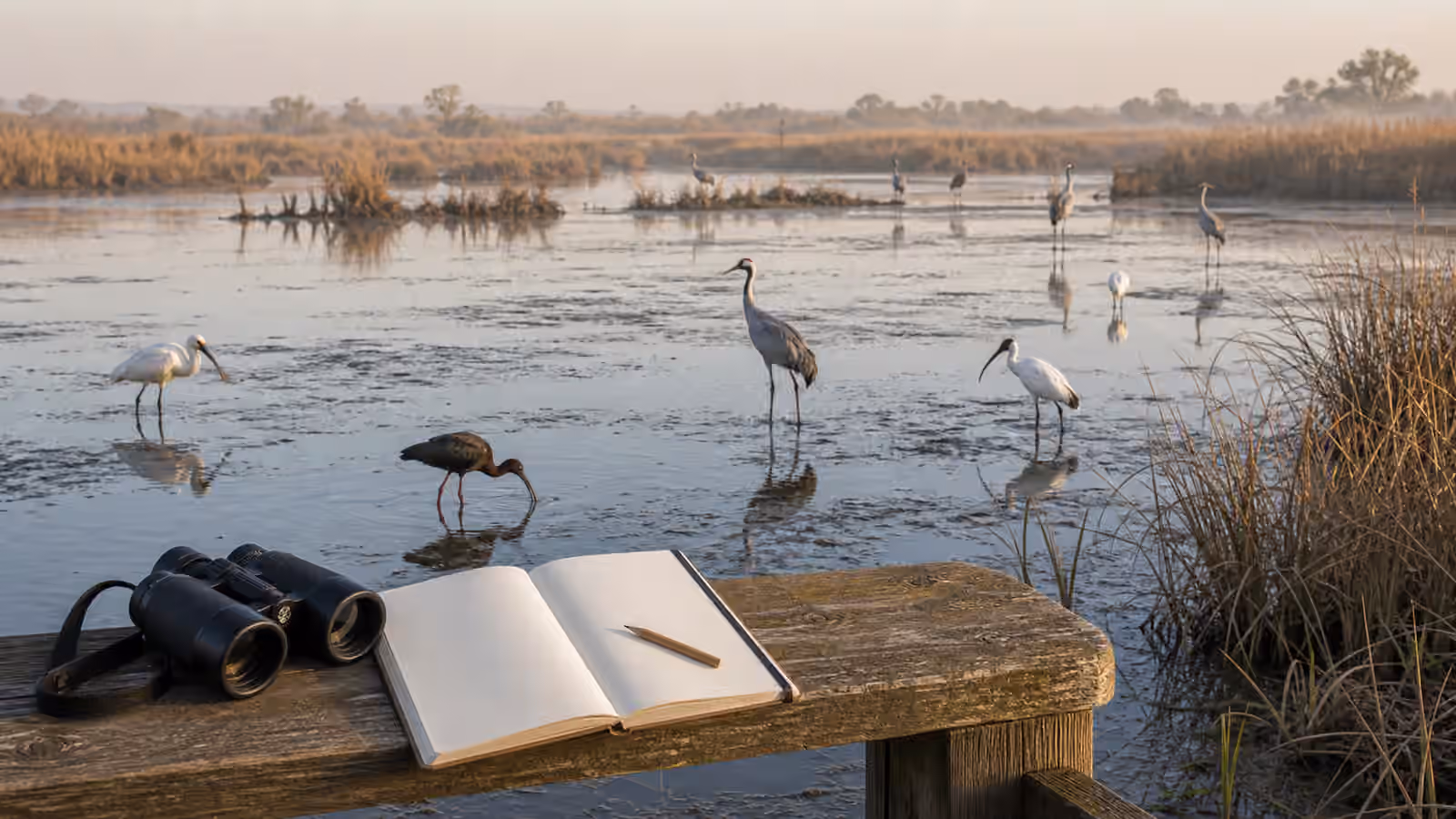 Binoculars and a blank notebook on a wetland viewing rail with cranes, ibis, and spoonbill-like birds feeding in shallow water.