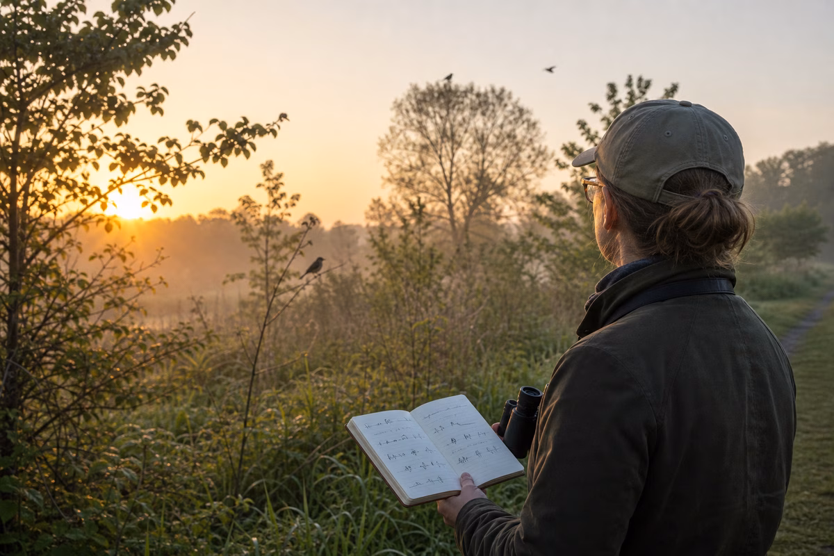 A birder listening at sunrise with a notebook while layered trees and shrubs hold distant songbirds