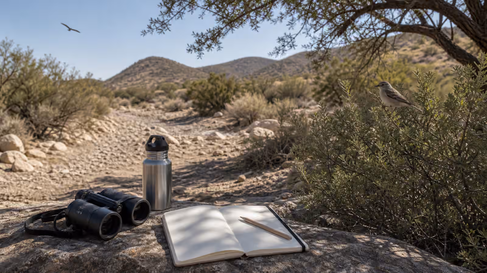 Binoculars, a water bottle, and a blank notebook on a rock beside a dry wash with shrubs and a small perched bird.
