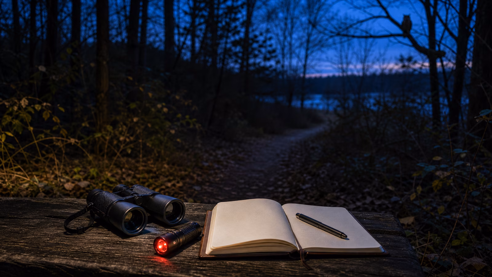 A quiet woodland trail at dusk with binoculars, a notebook, and a dim red flashlight in the foreground for ethical night birding.