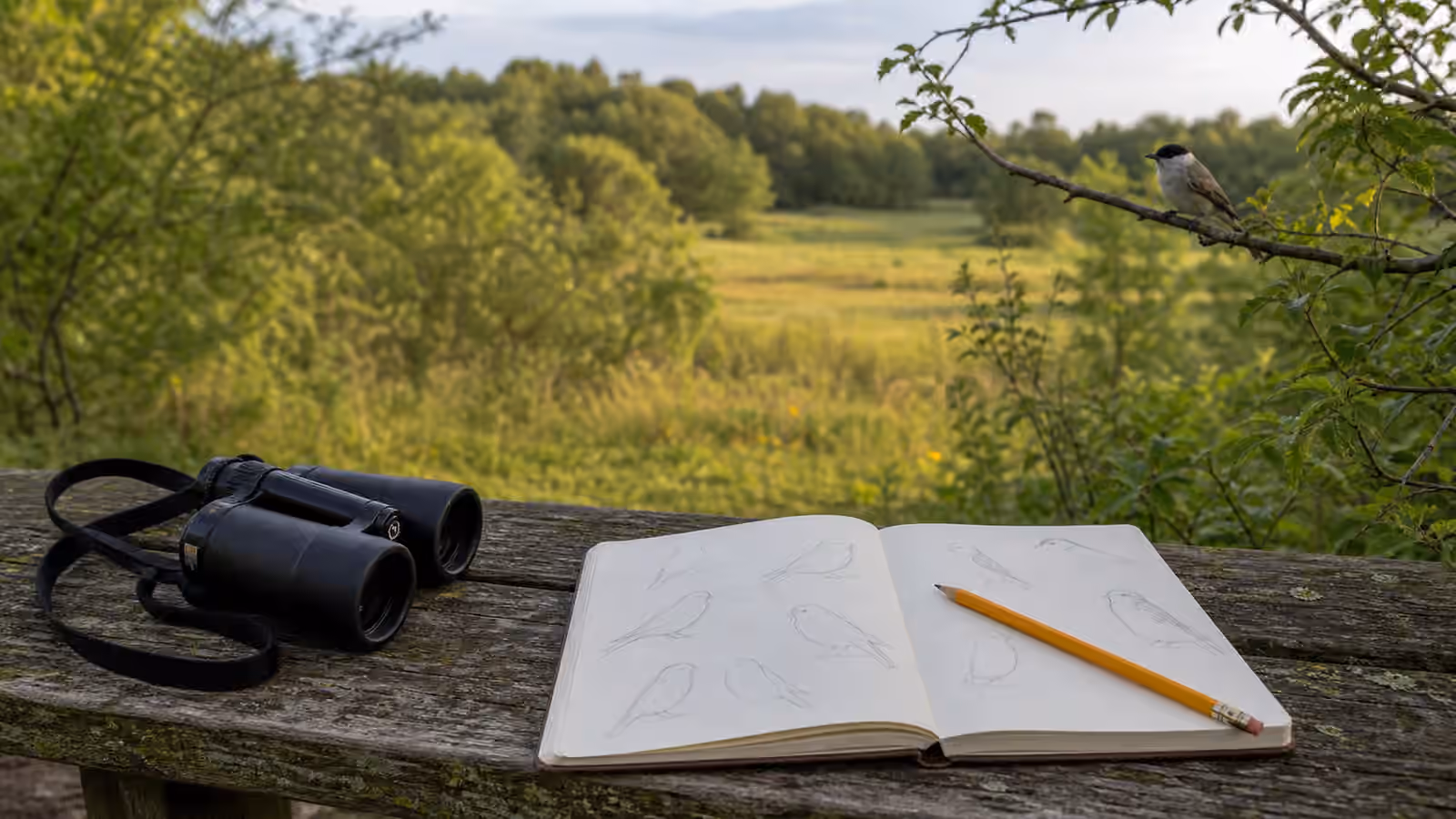 Binoculars, a pencil, and a sketchbook with simple bird-shape drawings on a park bench beside a meadow.