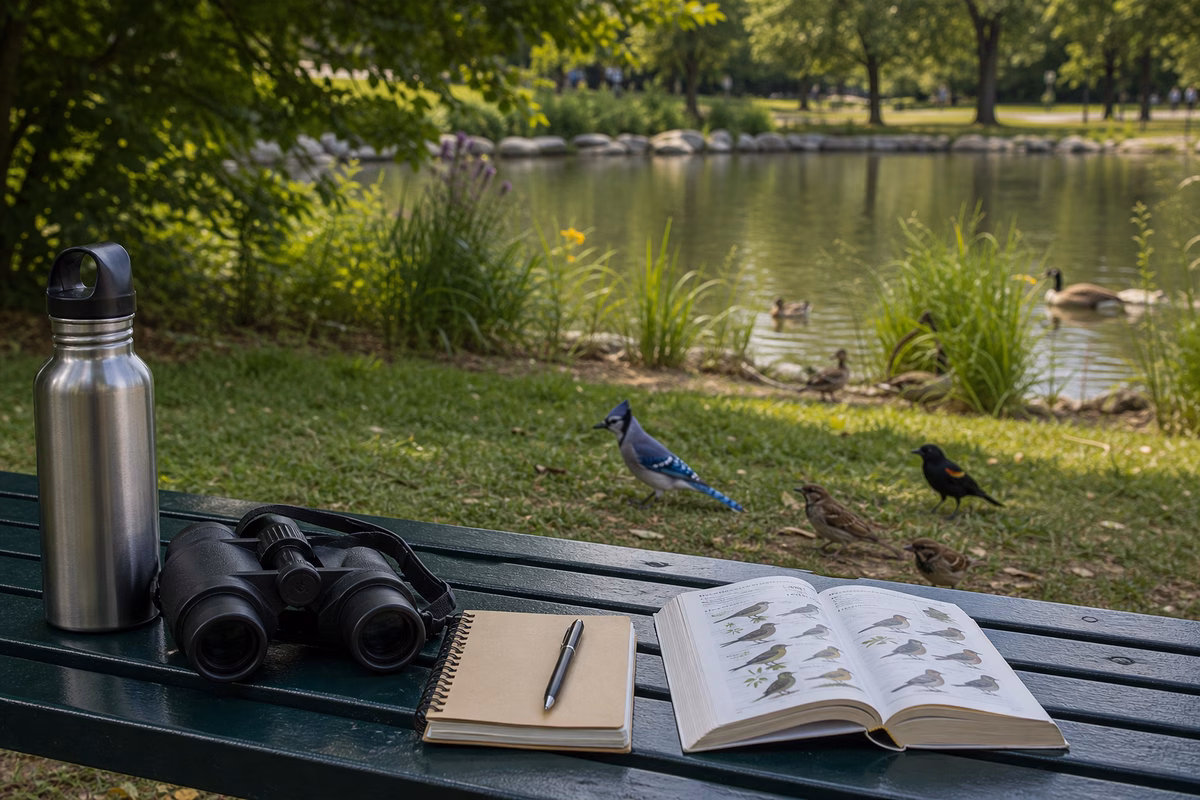 A beginner birding kit on a city park bench with common birds foraging near lawn, shrubs, and pond edge