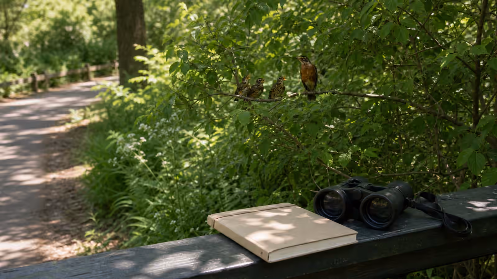 Binoculars and a blank notebook on a shaded park rail with adult and young birds visible at a respectful distance in leafy shrubs.