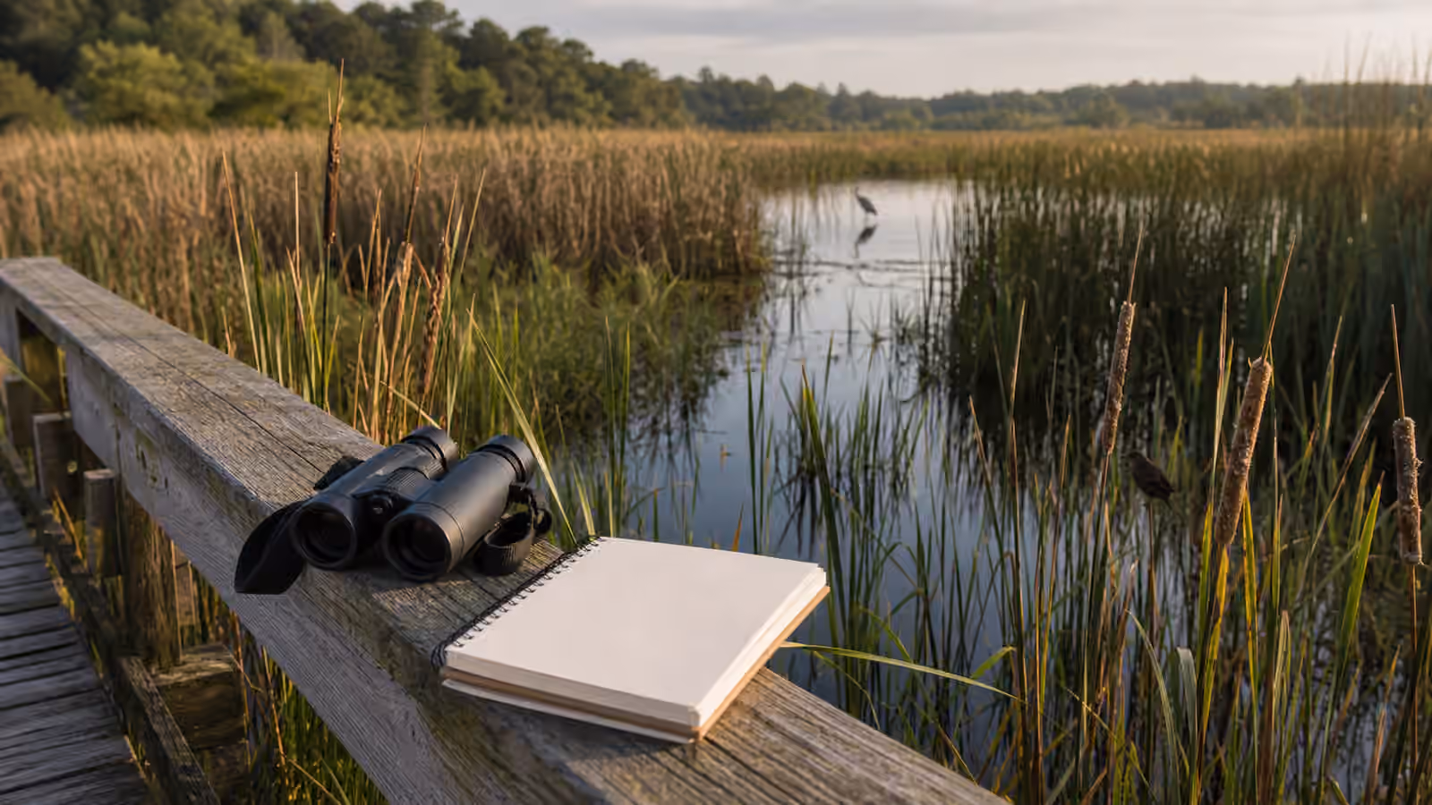 Binoculars and a blank notebook on a marsh boardwalk beside cattails and shallow water.