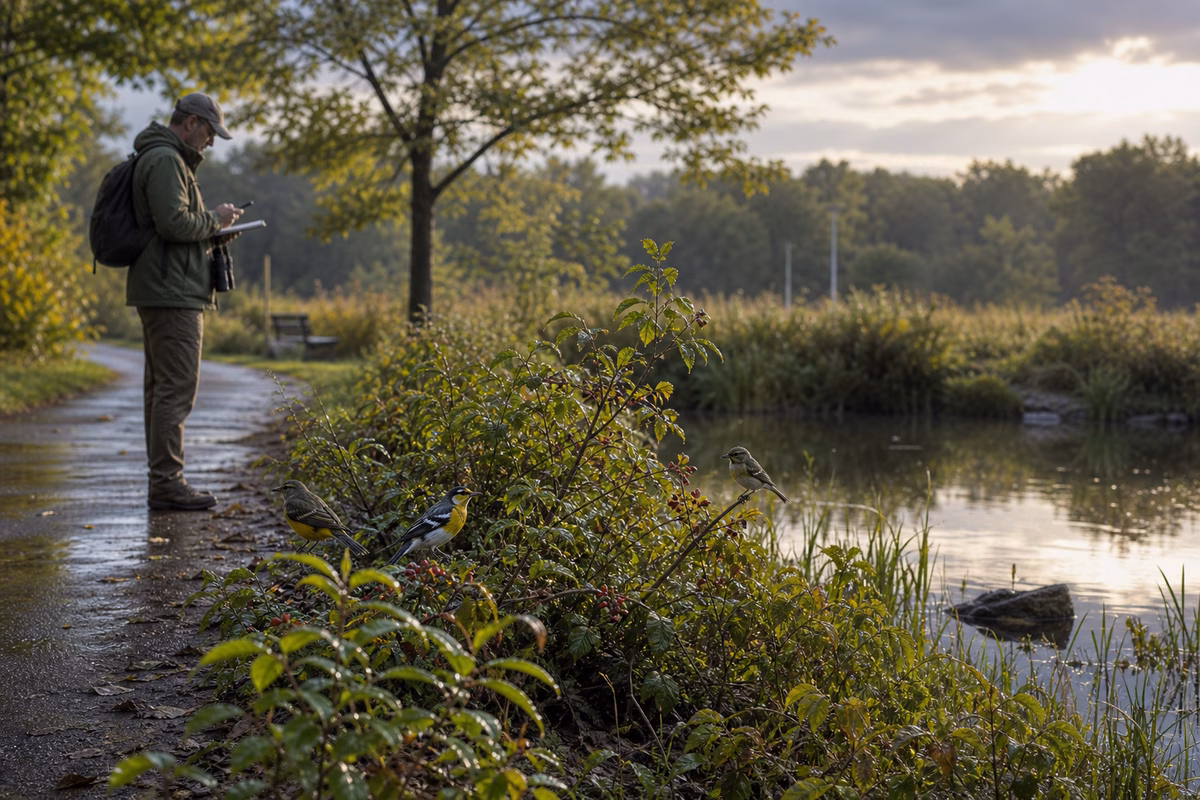 A migration rest stop with shrubs, pond edge, fruiting trees, and a birder checking weather notes from a distance