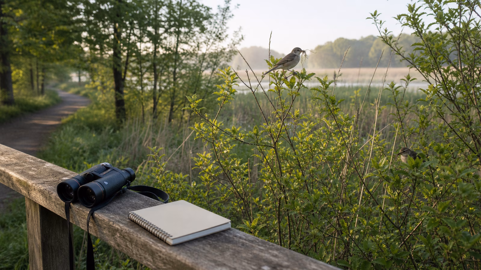 A quiet spring marsh edge with binoculars and a blank notebook on a rail while small birds carry nesting material in leafy cover.