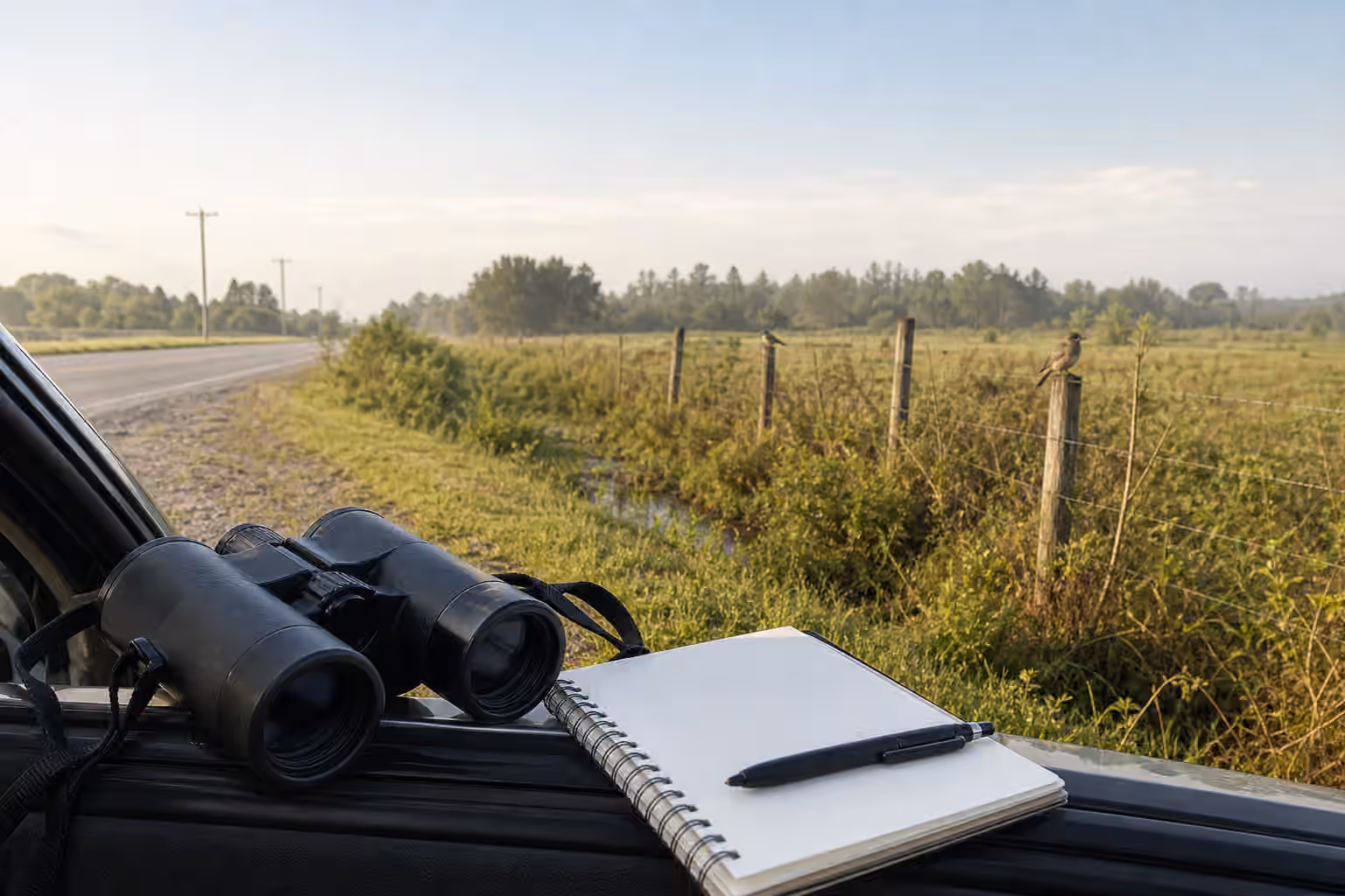 Binoculars and a blank notebook on a car window ledge at a quiet rural pullout with birds on distant fence posts.