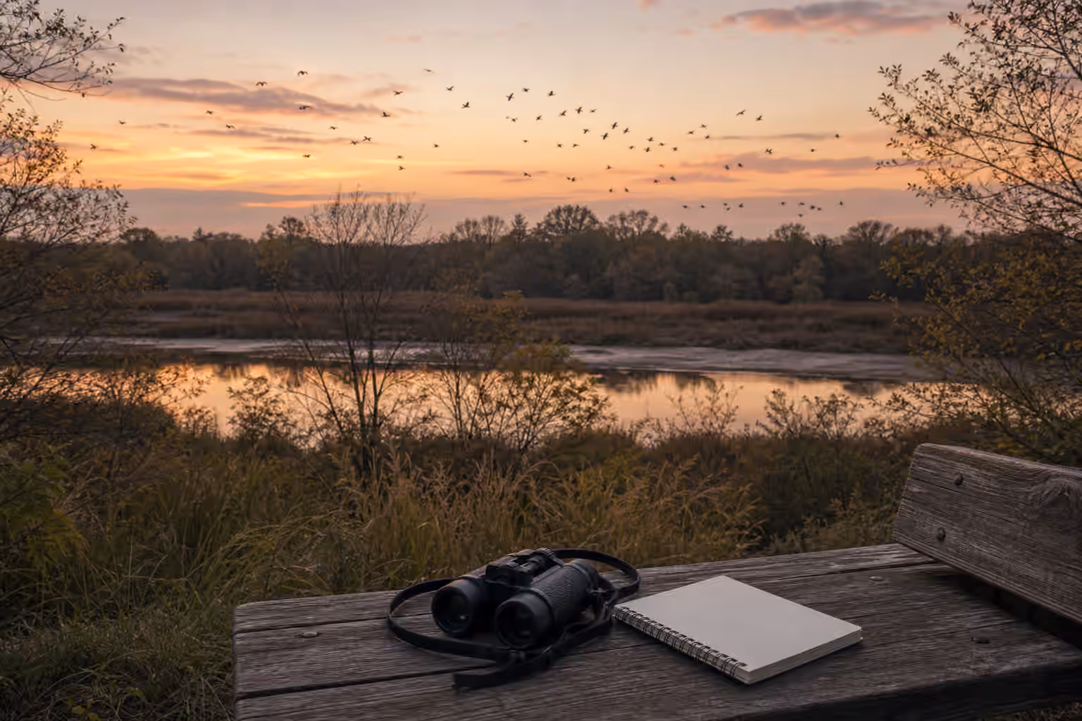 Binoculars and a notebook at dusk while distant birds gather near trees and reeds.