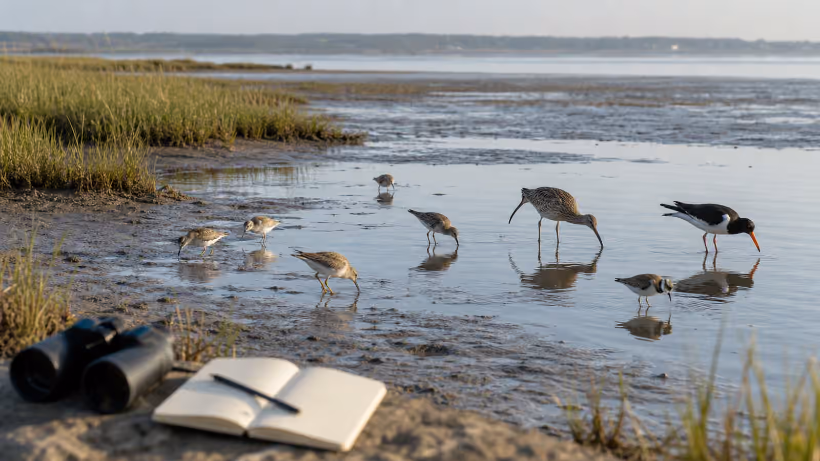 Shorebirds feeding across a tidal flat with varied bill shapes and leg lengths