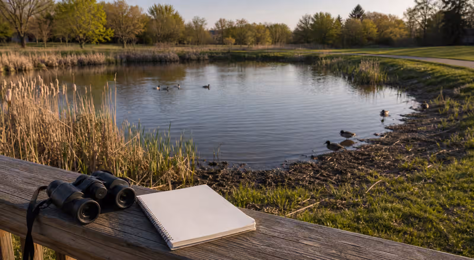 Binoculars and a blank notebook on a railing beside a small pond with cattails, shallow edges, and distant waterbirds.