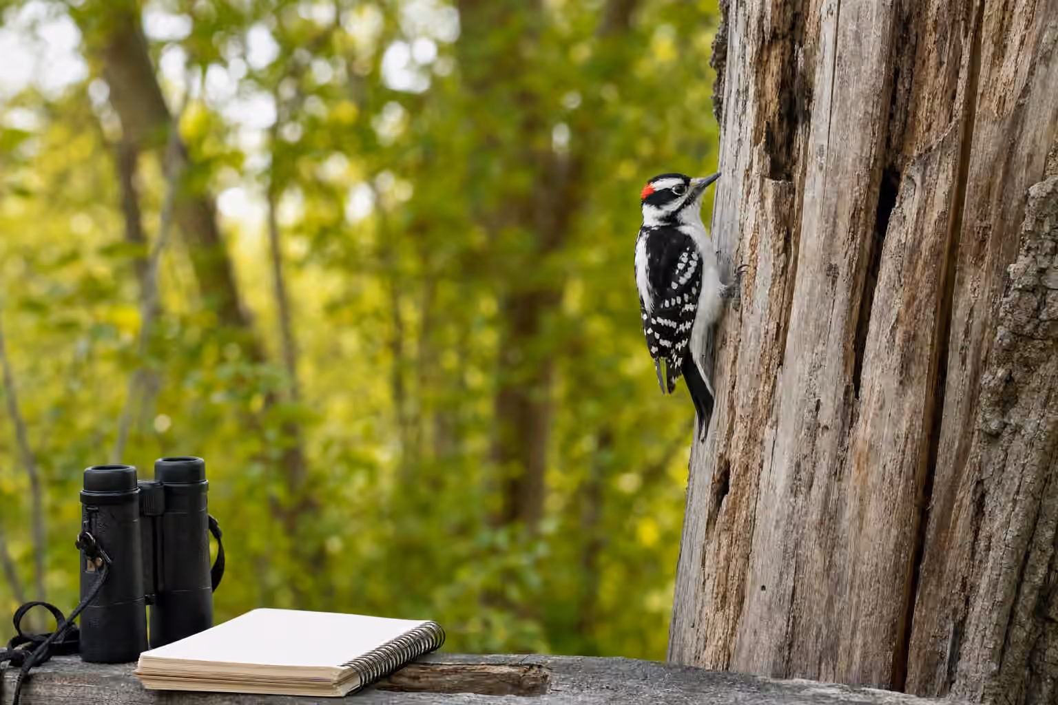 A small black-and-white woodpecker braced against a dead tree trunk near binoculars and a blank notebook.